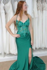 Emerald Green Prom Dress Corset Appliqued Long Formal Dress With Slit